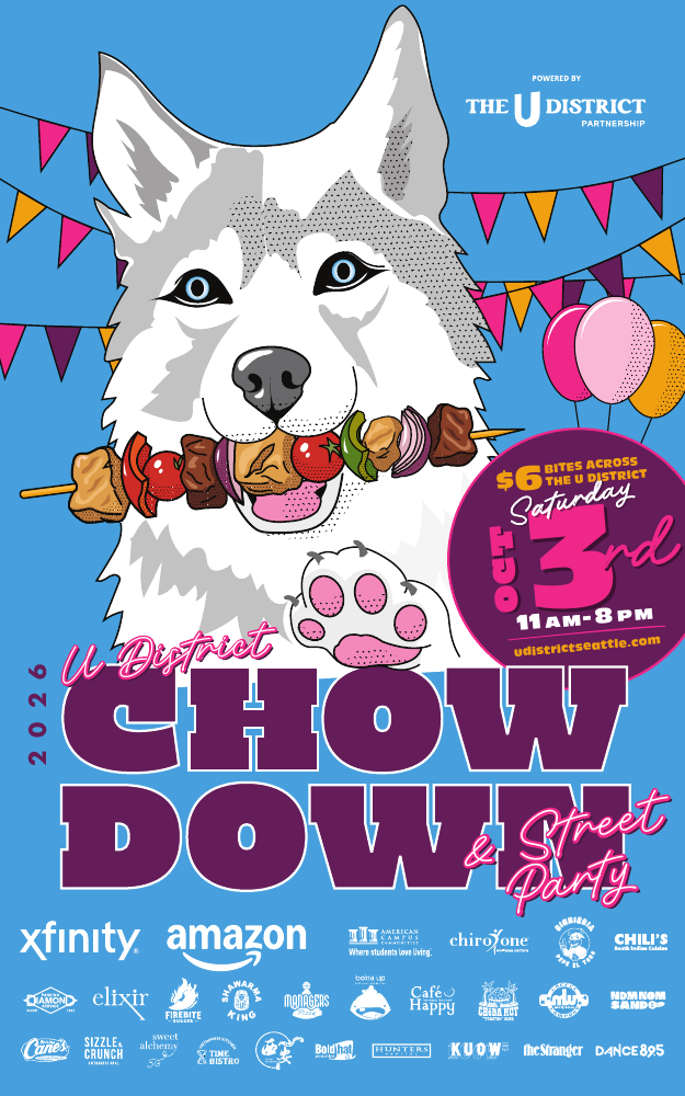 Official 2026 Chow Down event poster featuring a husky with a food skewer